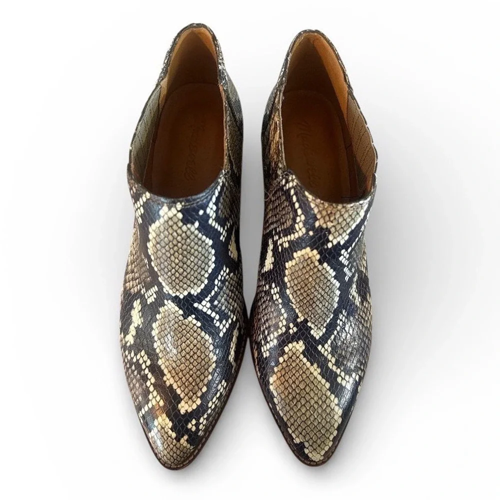 Madewell Snake Print Leather Ankle Booties Block Heel Pointed Toe Women's